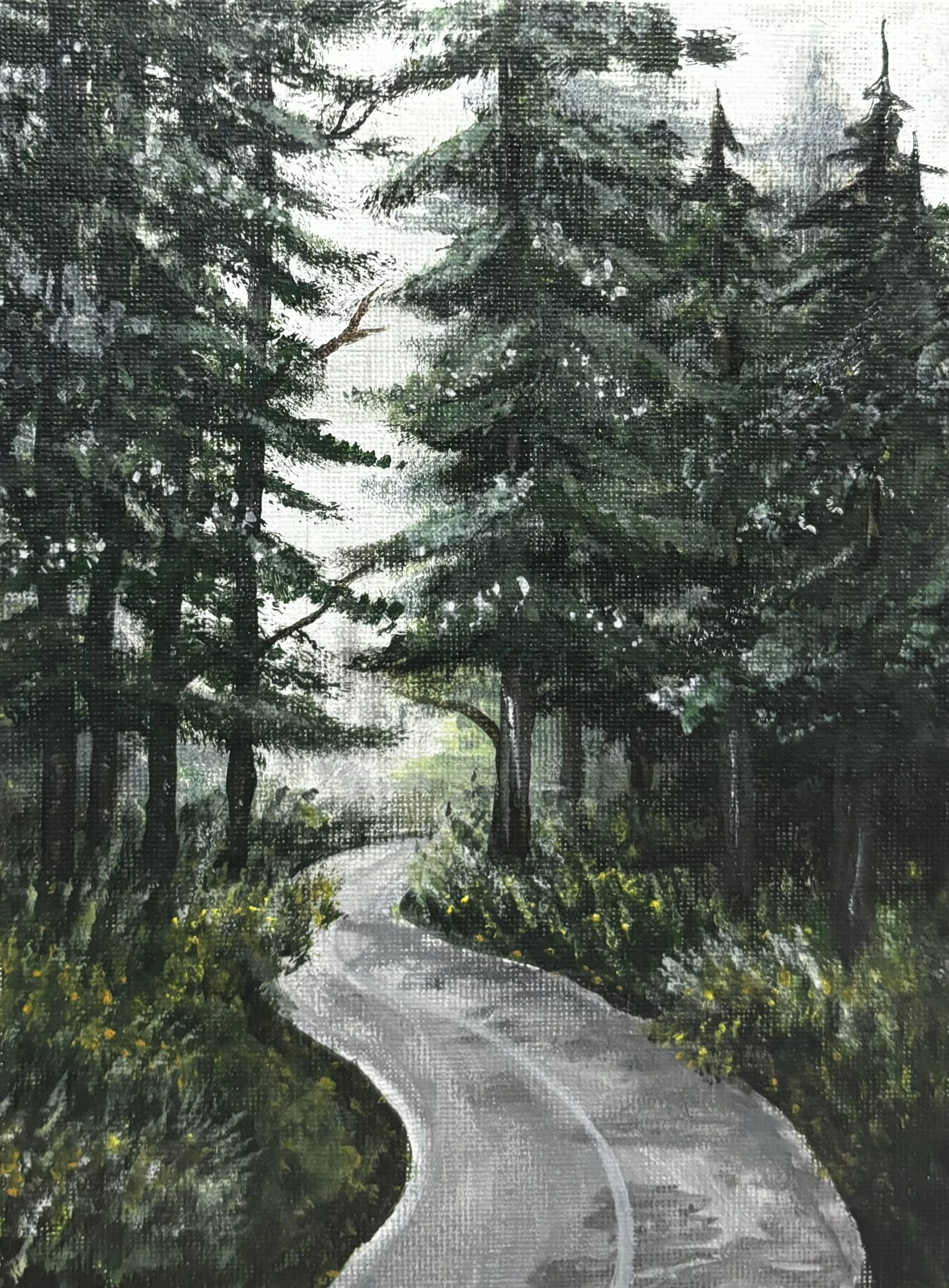 this is a painting of a evergreen backroad